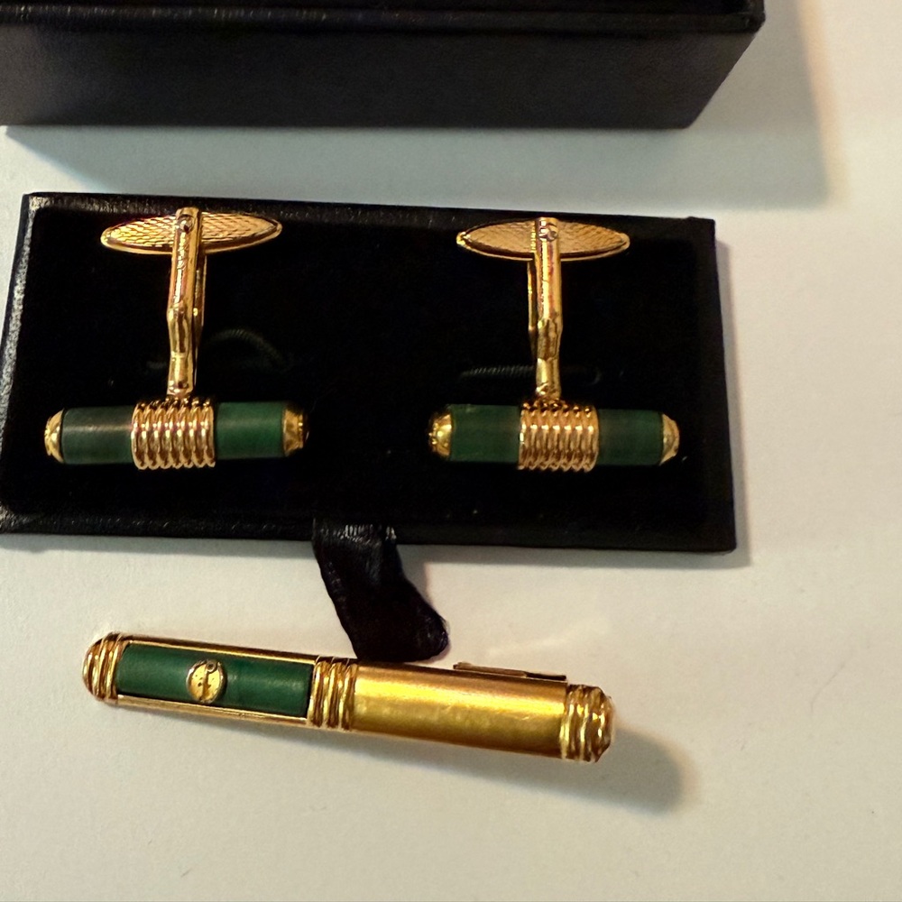 Dunhill Gold and Green Cufflinks with tie clip bar
